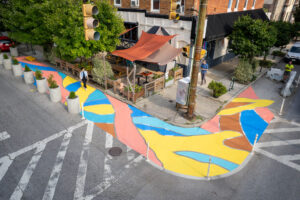 Sweet 27 Parklet Pavement Mural birds eye view with people walking