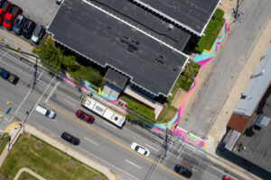 Reisterstown Rd Library Glen Flows art crosswalk and sidewalk mural aerial view