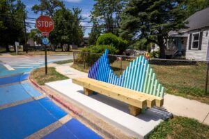 Annapolis Eastport Wave bench perspective with custom bus stop sign