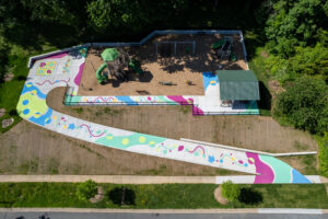 Valleywood Neighborhood Park Hopping Along pavement mural birds eye view facing south