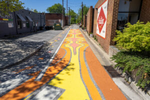 Lortz Lane LortzWave shared street pavement art birds eye view facing west