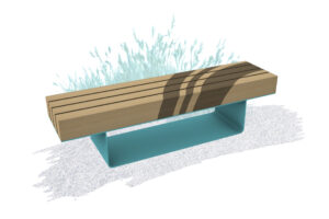 Perspective view of Placer One backless bench topped with wood timber wood burned with concentric circles