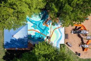 Waters Landing Creek to Lake mural aerial with trees
