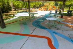 Waters Landing Creek to Lake perspective under pavilion with tributary creek and road