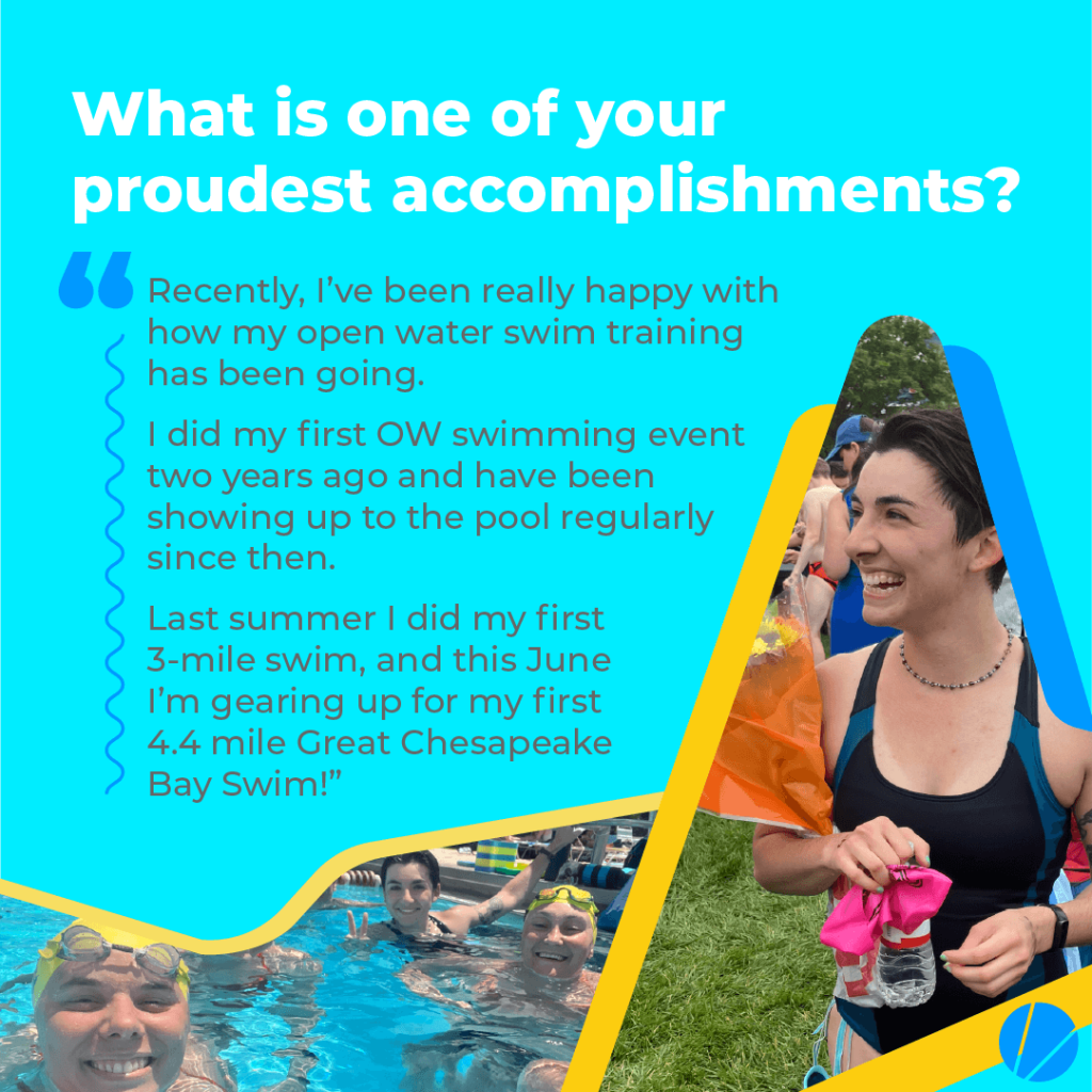 Graphic featuring pictures of Rachel at a swim practice and right after she finished competing at an open water swim event. Header reads "what is one of your proudest accomplishments?"