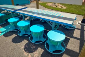2700 Art Space tables and stools made from reclaimed materials