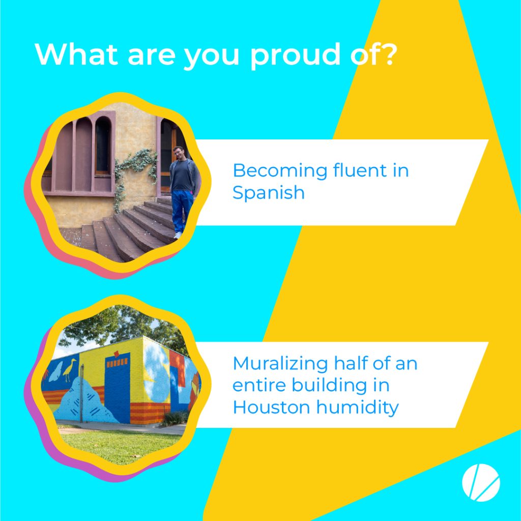 Graphic showing accomplishments that Jonathan Zoccoli is proud of. Including a photo of him in Spain to pair with his pride in becoming fluent in Spanish. Another photo shows a building covered in a mural which he helped install.