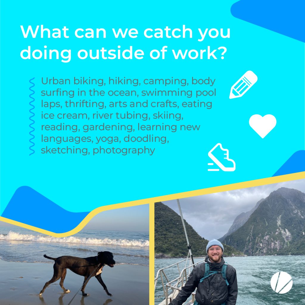 Graphic that lists what Jonathan likes to do outside of work with a picture of him on a boat in front of picturesque mountains and another picture of a beach and his family dog running in front of the water.
