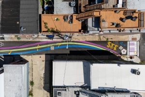 Lady Day Way Rhythm of Billie aerial view of south end with text and piano keys crosswalk
