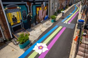 Lady Day Way Rhythm of Billie birds-eye view of gardenia and speed cushion with Royal Theatre mural
