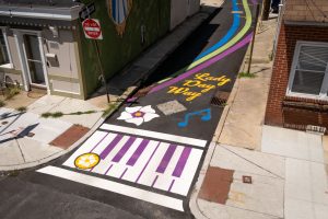 Lady Day Way Rhythm of Billie birds-eye view of piano keys crosswalk at Gough Street